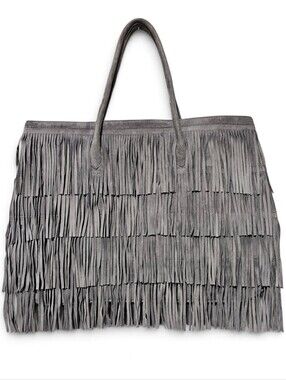Larettamia Italian Luxury Suede Fringe Grey Tote Bag